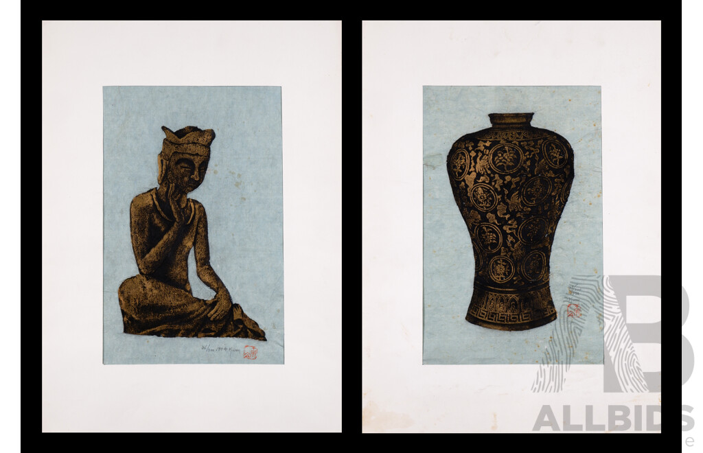 Two Korean Hand-Coloured Embossed Works on Paper, Celadon Vase & Monk 1974, each 40 x 26 cm (sheet) (2)