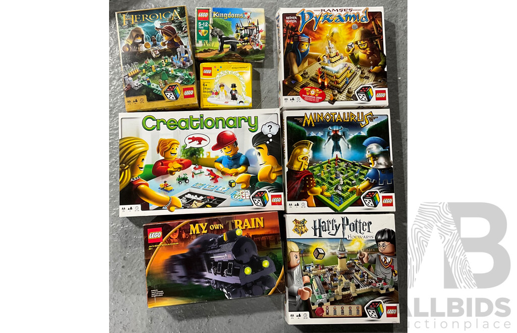 Collection Nine  Mostly Opened Lego Sets in Original Boxes, 3858, 853340 Unopened, 7949 Unopened, 3744 3741 3742 All Unopened