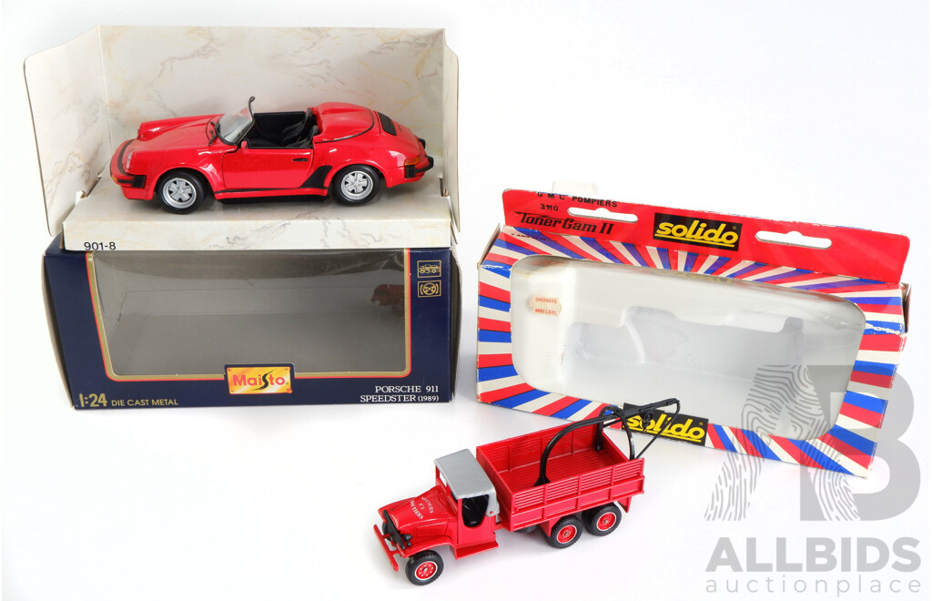 Maisto 1:24 Scale 1989 Possche 911 Speedster and Solido GMC Pompiers Tow Truck