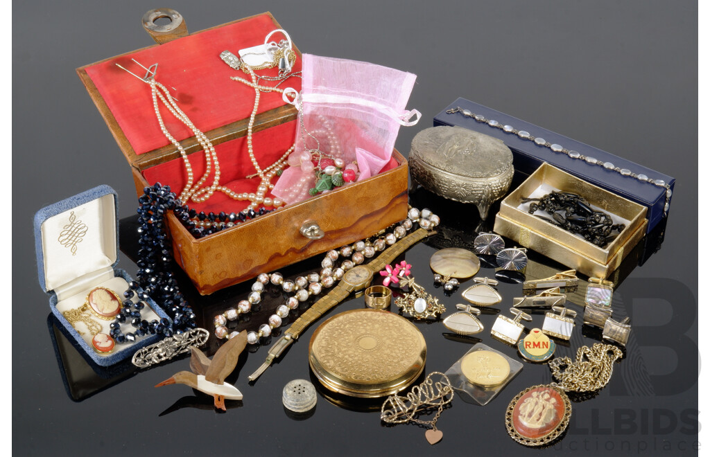 Collection of Antique and Vintage Jewellery, Including Venitian Style Glass Bead Necklace, Peerless 17 Jewel Incabloc Watch, Faux Cameo Brooch and More
