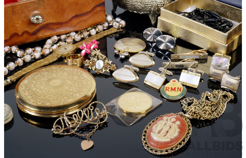 Collection of Antique and Vintage Jewellery, Including Venitian Style Glass Bead Necklace, Peerless 17 Jewel Incabloc Watch, Faux Cameo Brooch and More