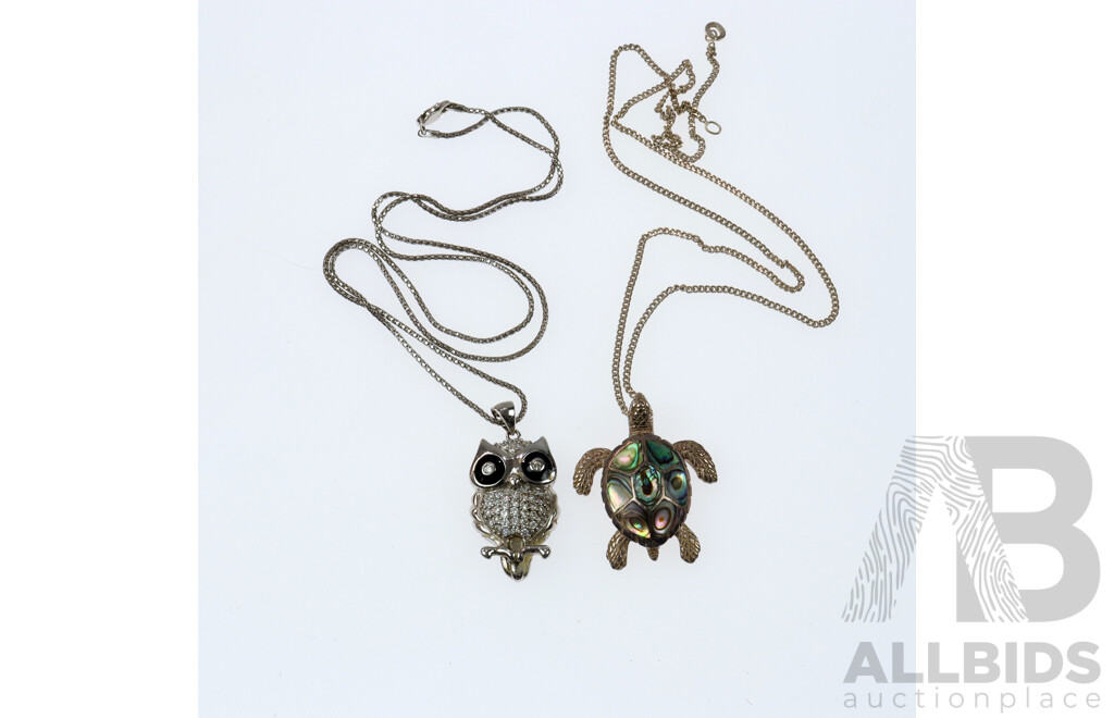 Sterling Silver Turtle Pendant with Paua Shell Inlay Design and Sterling Silver Owl Pendant with CZ Detail