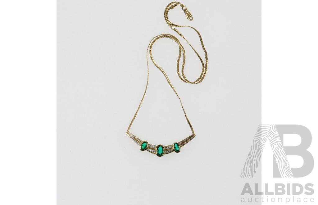 9ct Biron Emerald & Diamond Pendant on Fixed Chain, 45cm, 4.24 Grams, Est TDW 0.08ct