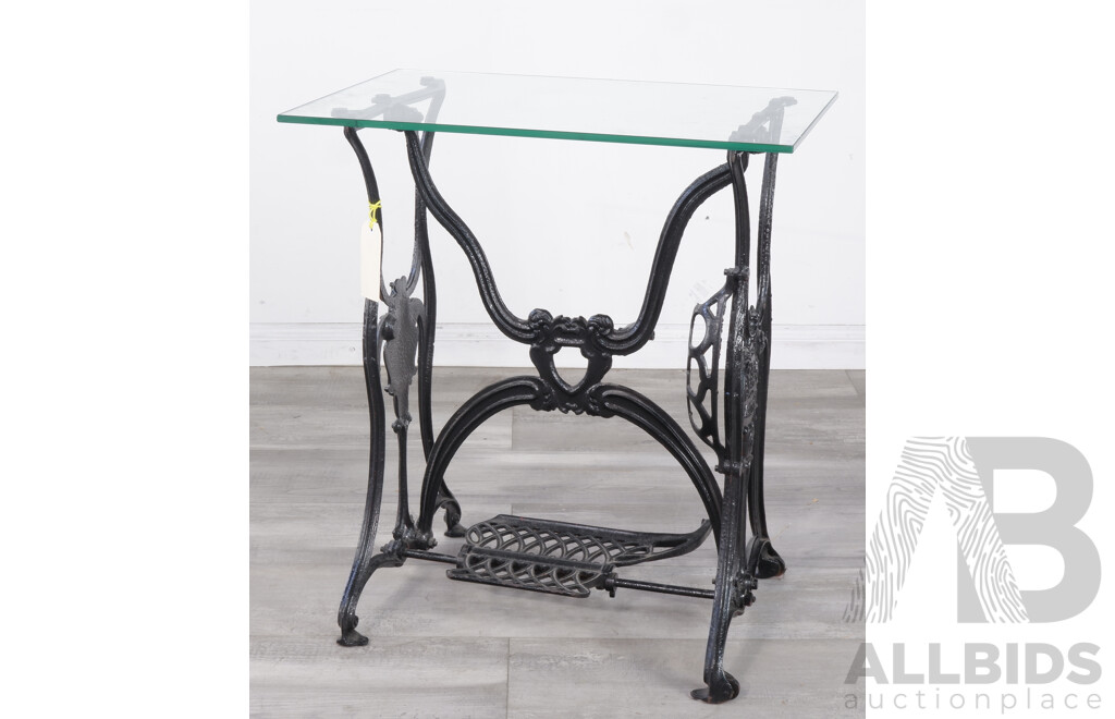 Vintage Cast Iron Treadle Base Sewing Table with Glass Top