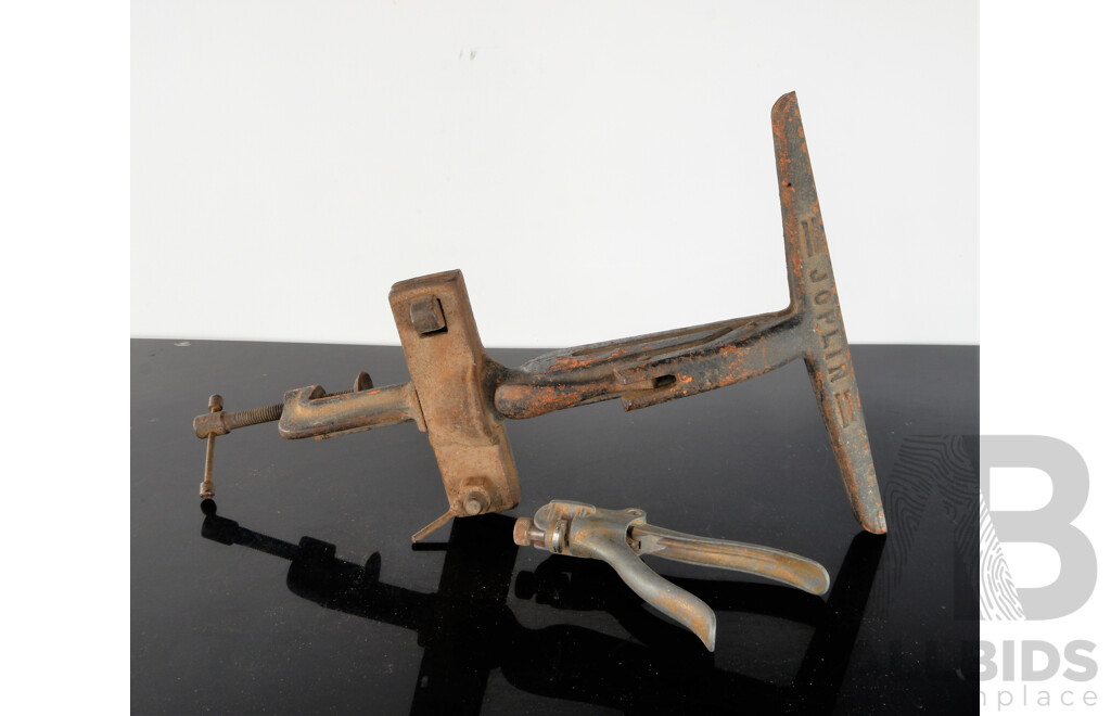 A Vintage Cast Iron Joplin Bench Mounted Hand Saw Sharpening Vice and Somax No.250 Saw Setting Pilers