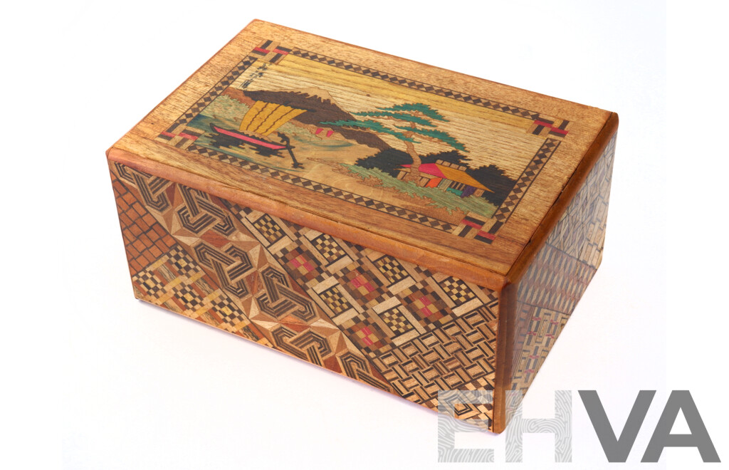 Vintage Japanese Wooden Puzzle Box with Detailed Marquetry and Internal Drawer