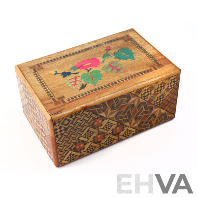 Vintage Japanese Wooden Puzzle Box with Detailed Marquetry and Internal Drawer