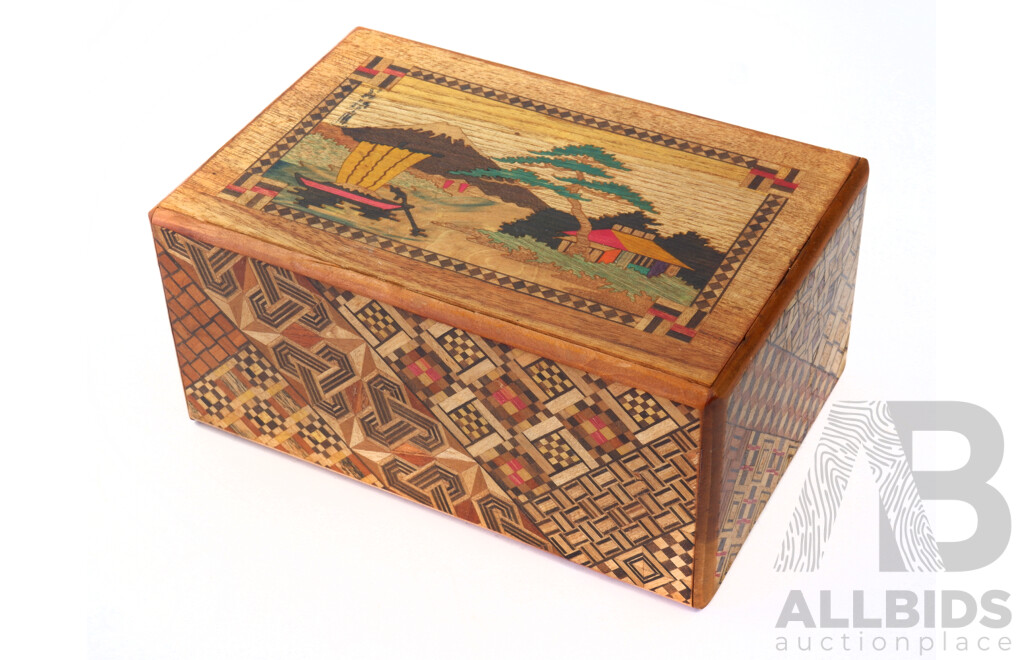 Vintage Japanese Wooden Puzzle Box with Detailed Marquetry and Internal Drawer