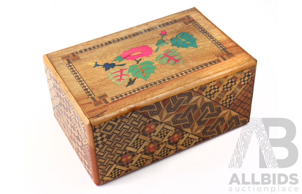 Vintage Japanese Wooden Puzzle Box with Detailed Marquetry and Internal Drawer