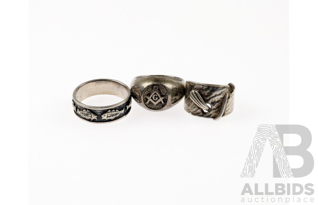 Collection of (3) Sterling Silver Rings, Including Free Mason/Masonic Ring