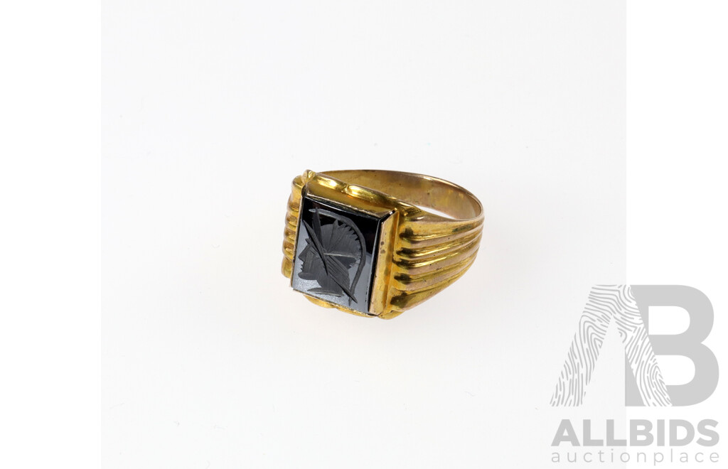 9ct Yellow Gold Vintage Centurian Intaglio Carved Hematite Ring, Size U, 5.86 Grams