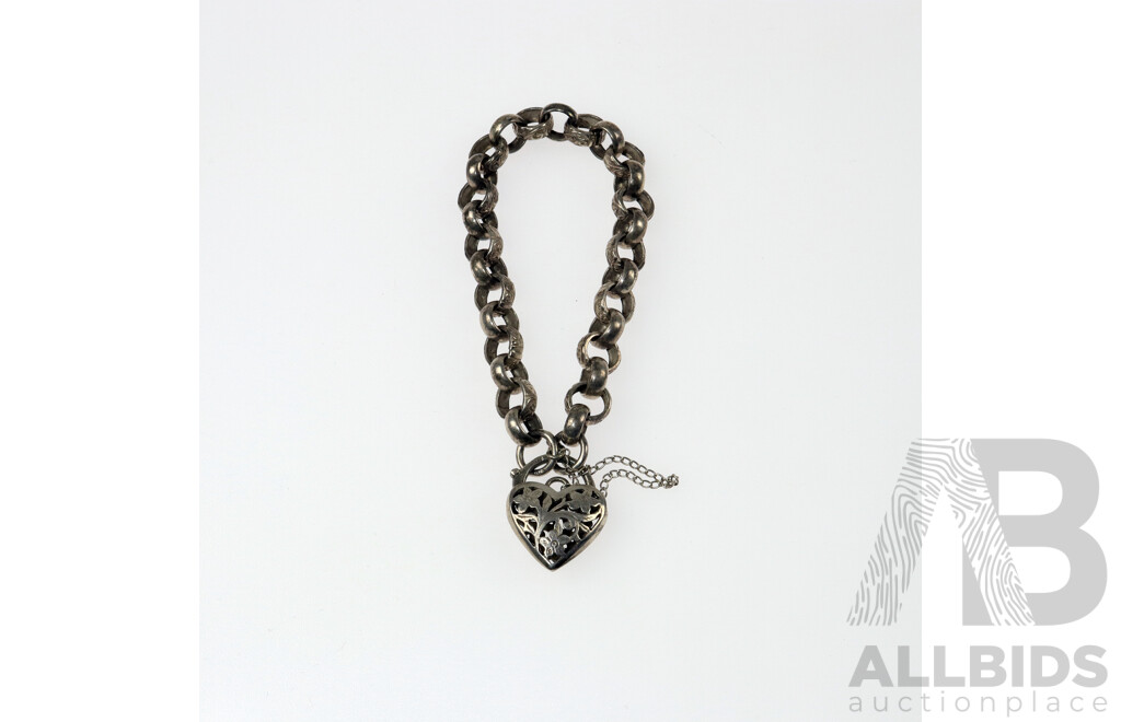 Vintage Sterling Silver Belcher Link Bracelet with Filigree Heart Padlock Clasp, 18cm, 21.37 Grams