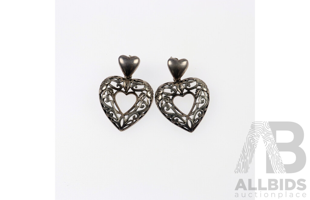Sterling Silver Beautiful Vintage Mexican Filigree Heart Stud Earrings, 40mm, 13.83 Grams
