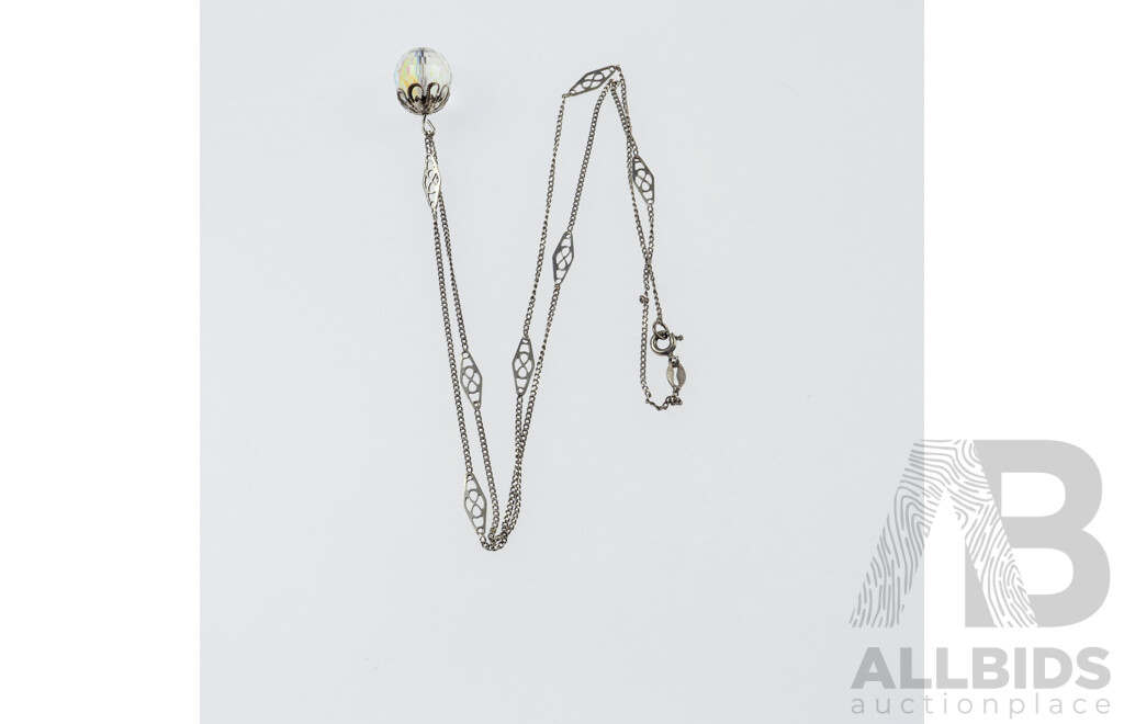 Vintage Sterling Silver Fancy Link Chain & Faceted 12mm Quartz Pendant, 55cm, 925 ITALY
