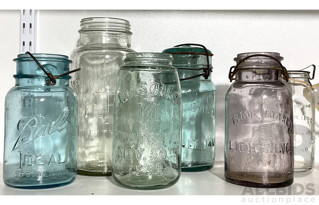 Six Antique Glass Preserving Jars