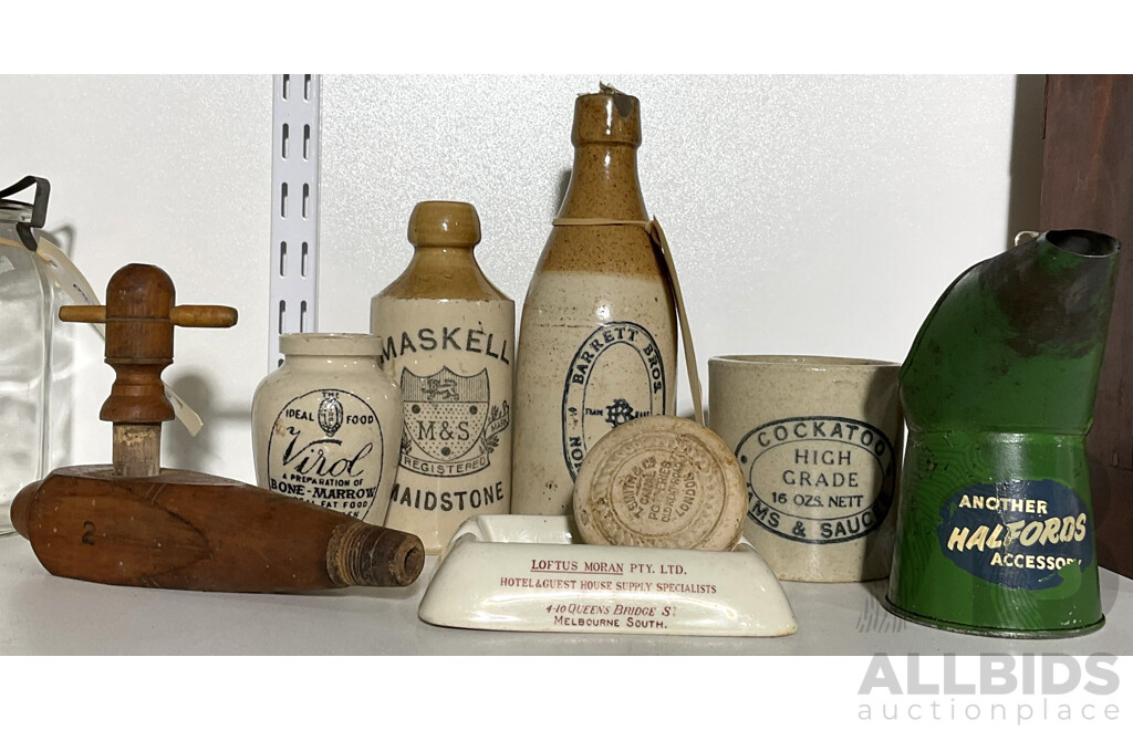 Collection of Stoneware Bottles, Timber Spout and More