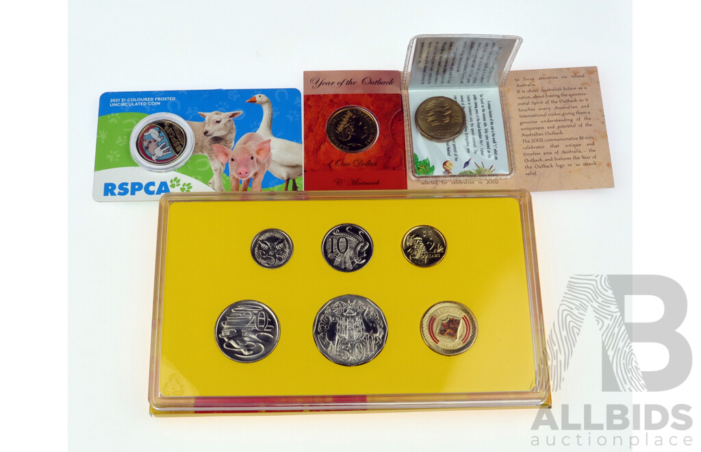 Australian RAM 2023 100 Years of Vegemite Uncirculated Proof Coin Set, and Carded One Dollar Coins 2021 RSPCA, 2002 Year of the Outback, 1993 Landcare
