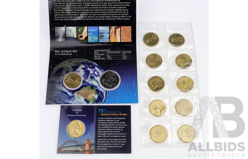 Australian RAM 2008 One Dollar and Twenty Cent Coins International Year of Space, Two 2020 One Dollar Qantas Centenary, 2007 One Dollar 75th Anniversary Sydney Harbour and 2019, 2021, 2022 One Dollar Coin Hunt