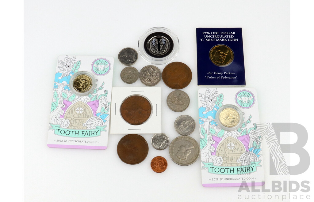 Australian RAM 2022 Two Dollar Coins UNC Tooth Fairy (2) 1996 One Dollar Sir Heny Parkes, New Zealand 2015 Fifty Cent Coin UNC and Assortment of Pre Decimal and International Coins