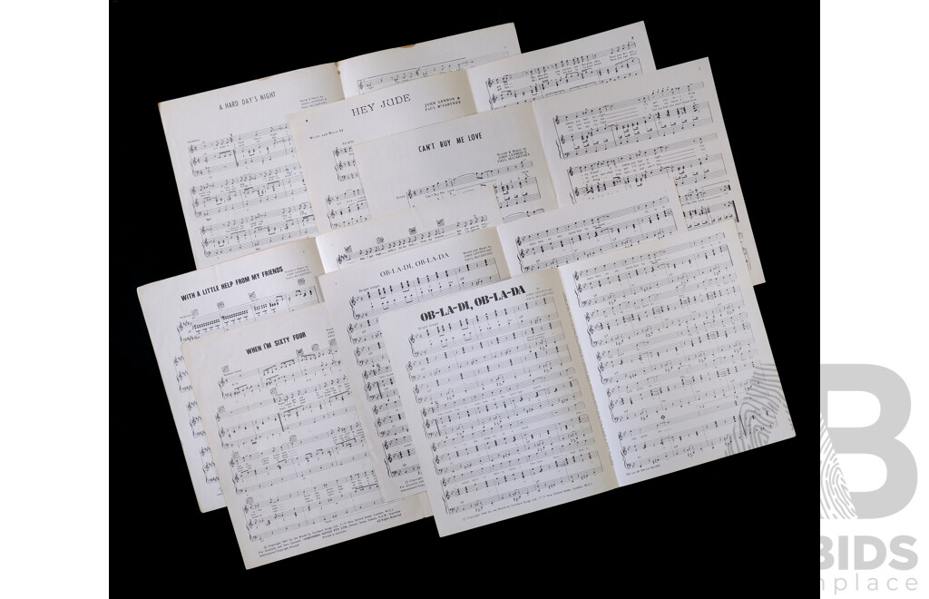 Vintage Beatles Song Sheets Including With A Little Help From My Friends,  When I'm Sixty Four, Ob-La-Di, Ob-La-Da (2) a Hards Day Night, Hey Jude, Can't Buy Me Love