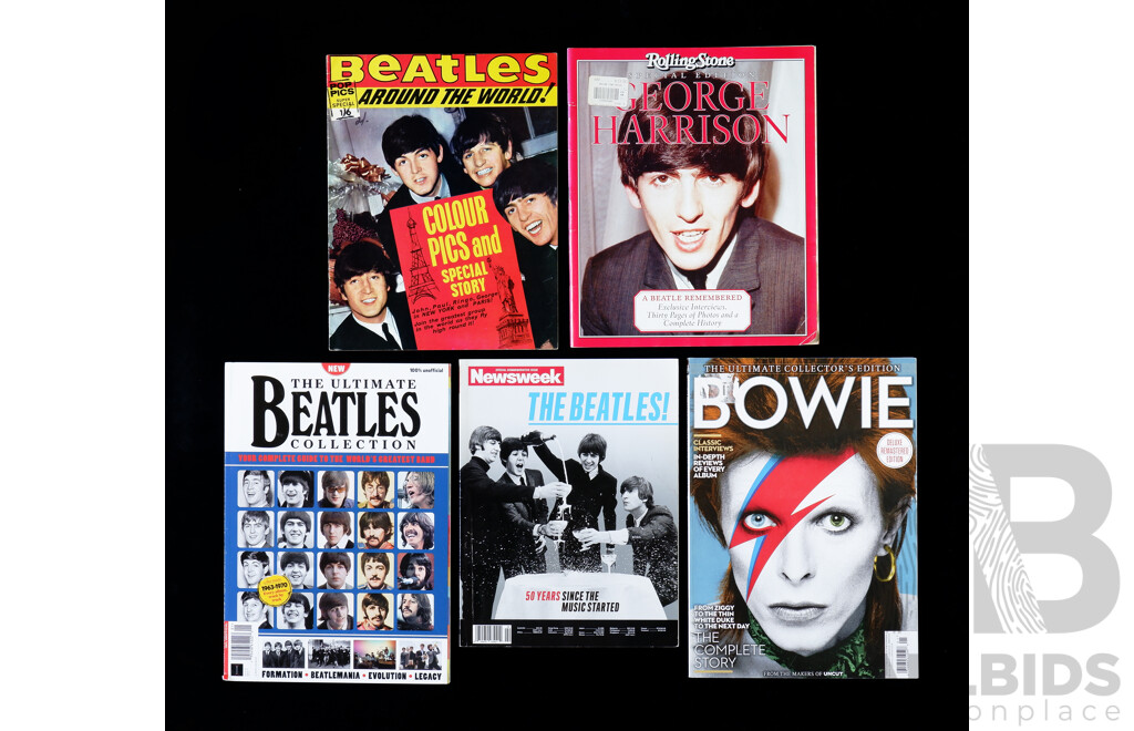 1964 Beatles Around the World Story and Colour Pics, Rolling Stone George Harrison Special, the Ultimate Beatles Collection Magazine, the Beatles Newsweek Special and Bowie Magazine