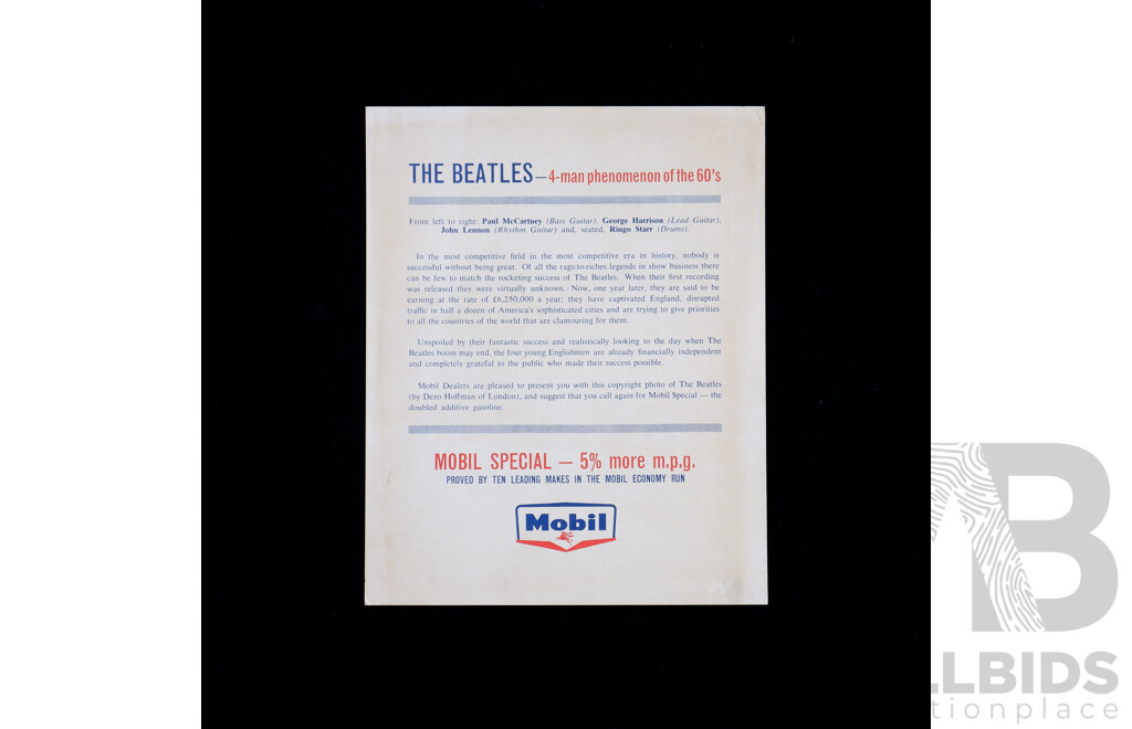 Vintage Australian Promotional Mobil Dealer Beatles Card with Facsimile Signatures , Mid 1960's