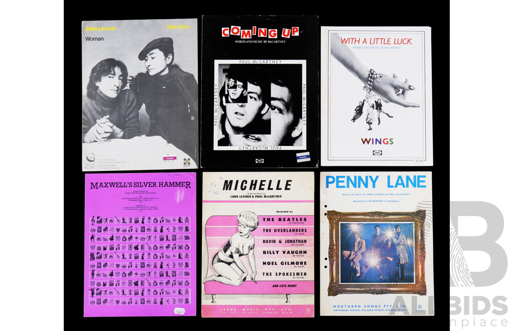 Vintage Song Sheets From Beatles and Solo Members Including Maxwell's Silver Hammer, Michelle, Penny Lane, Paul McCartney with a Little Luck and Coming Up, John Lennon - Yoko Ono Woman