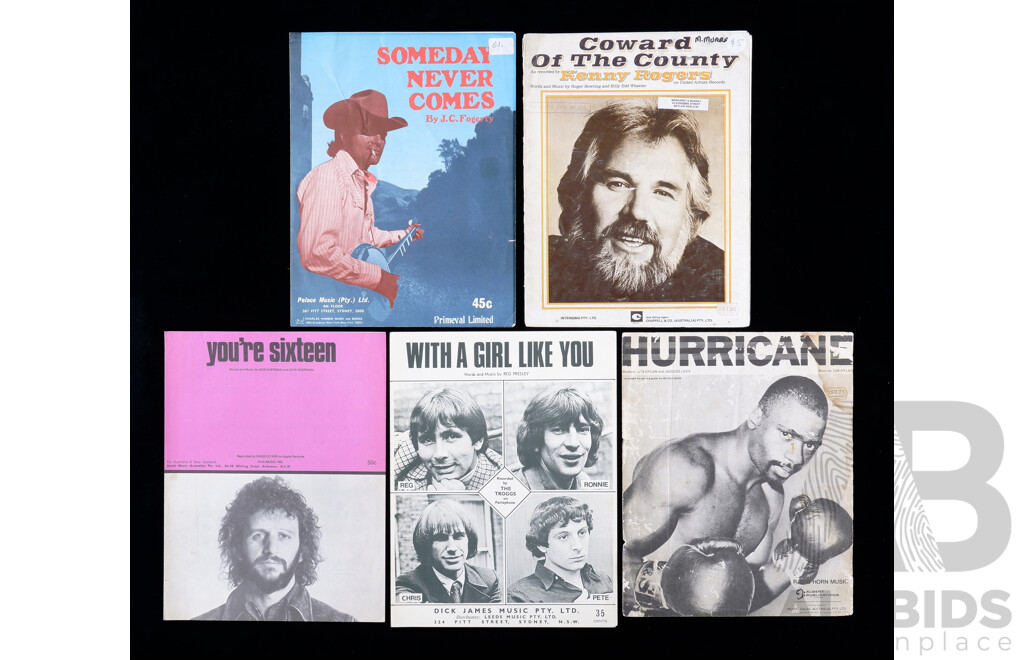 Vintage Song Sheets From American Artists Including Bob Dylan Hurricane, John Fogerty Someday Never Comes, Kenny Rogers Coward of the Country, Bob Sherman Your Sixteen The Troggs with a Girl Like You