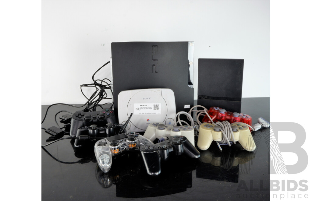 Three Playstation Gaming Consoles and Many Controllers