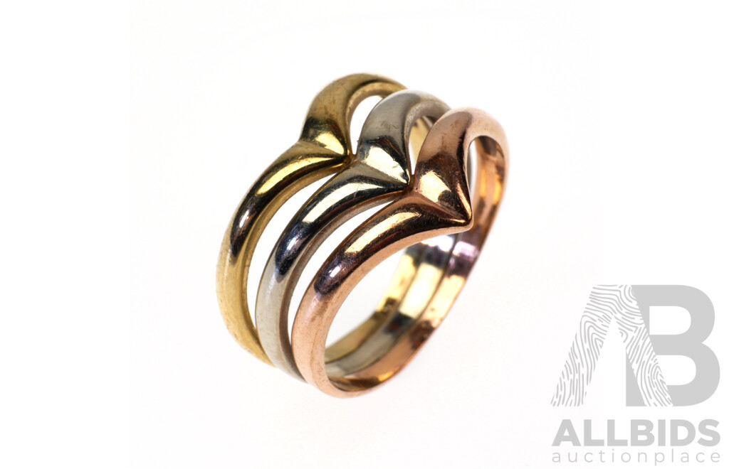 9ct Tri Colour Gold Ring, Size P, 4g