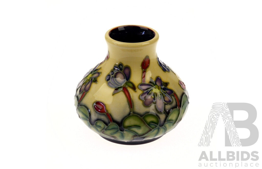 Moorcroft Porcelain Vase in Hepatica Design by Emma Bossons in Original Box