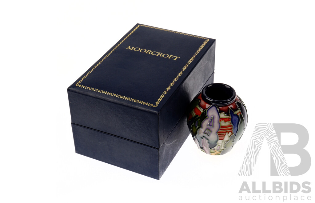 For the Moorcroft Collectors Club Edition Moorcroft Porcelain Miniature Vase in Lodge Hill Design by Emma Bossons in Original Box
