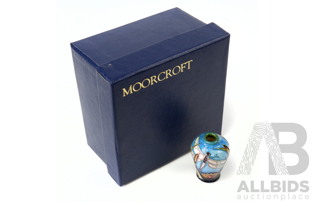 Moorcroft Porcelain Miniature Bud Vase in Dragonfly Design by Sian Leeper in Original Box