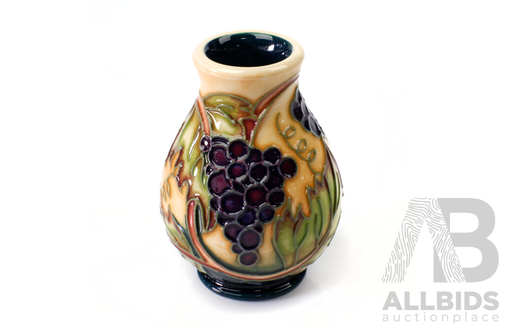 Moorcroft Porcelain Miniature Bud Vase in Grapes Design by Sian Leeper