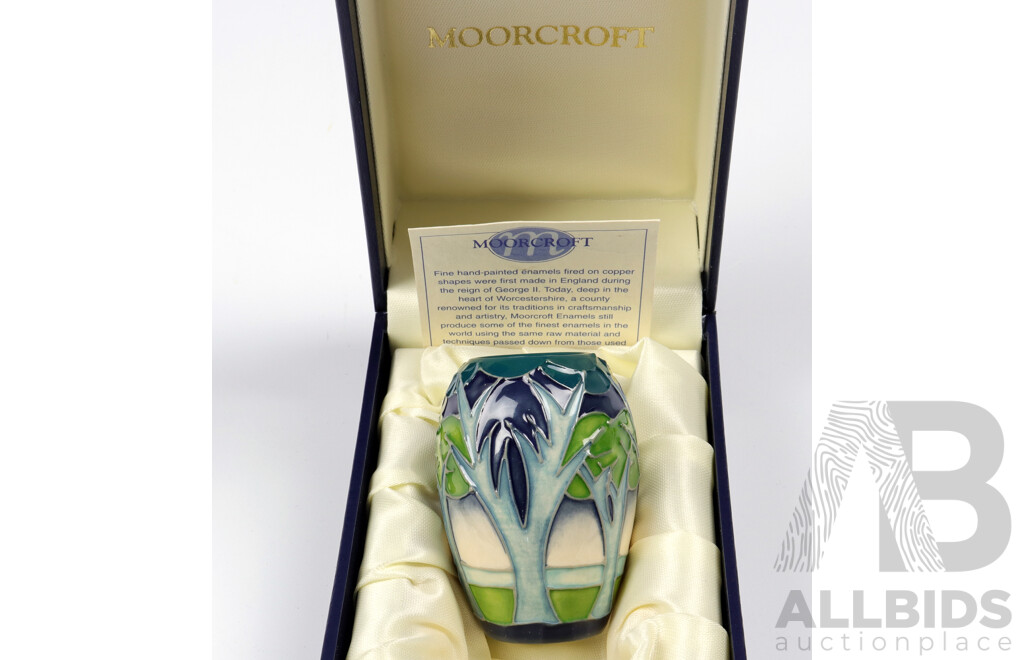 Moorcroft Enamels Miniature Vase in Misty Moon Design in Original Box