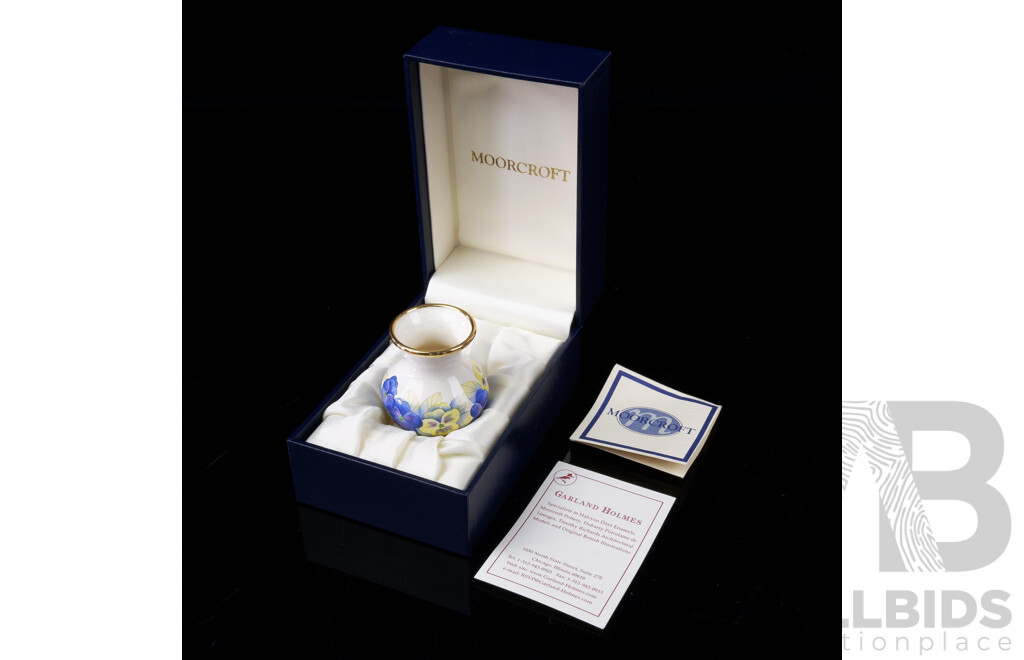 Moorcroft Enamels Miniature Vase in Pansies Design in Original Box
