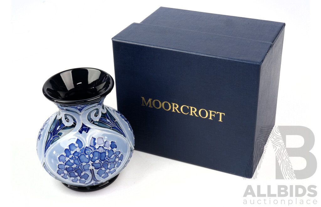 Moorcroft Porcelain Vase in Forget Me Not Blue Design by Kerry Goodwin in Original Box