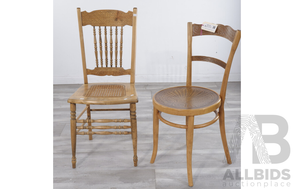 Vintage J & J Kohn Bentwood Chair and Another Vintage Pressed Back and Cane Chair