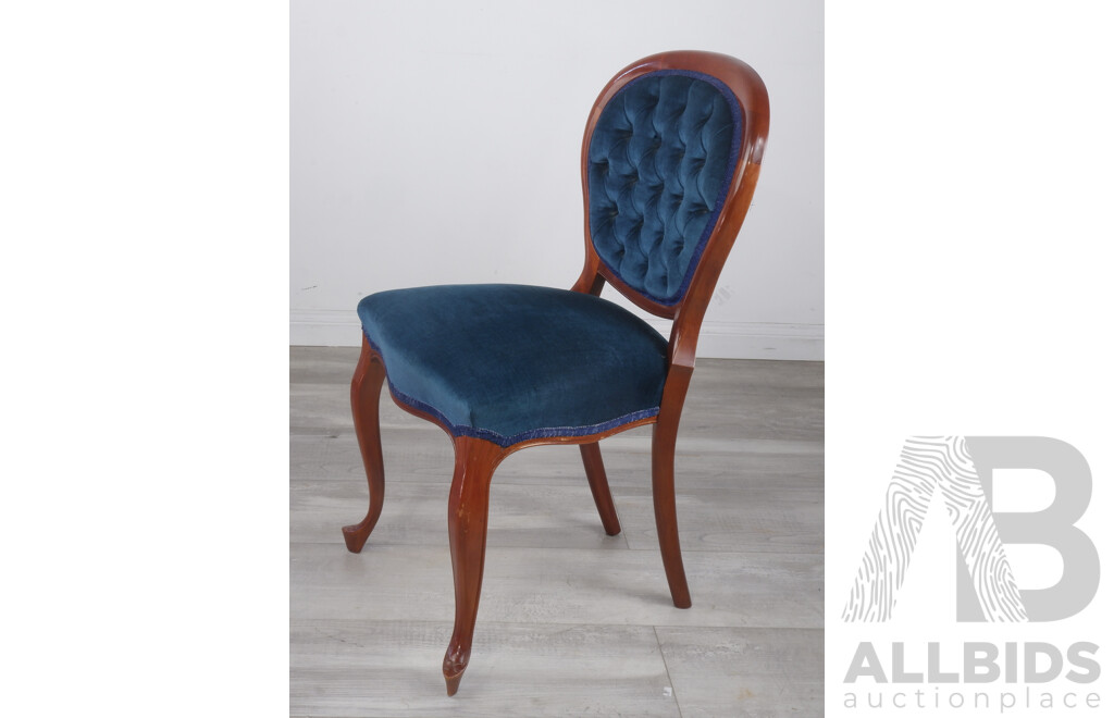 Antique Style Button Back Salon Chair in Blue Velvet Upholstery