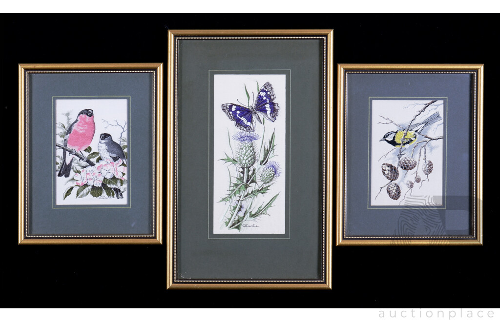 Three Framed Woven Pictures - Purple Emperor; Great Tit & Bullfinch (3)