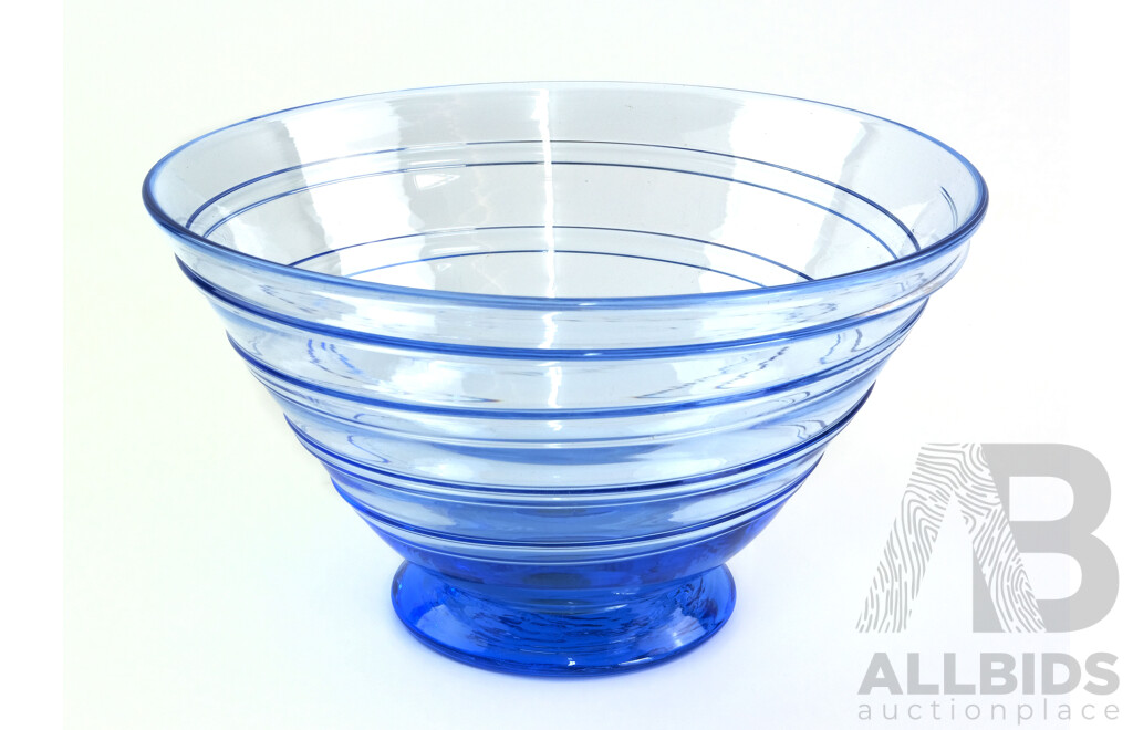 Antique Art Deco Whitefriars Large Bowl with Blue Ribbon Trial Pattern, Original Label to Base