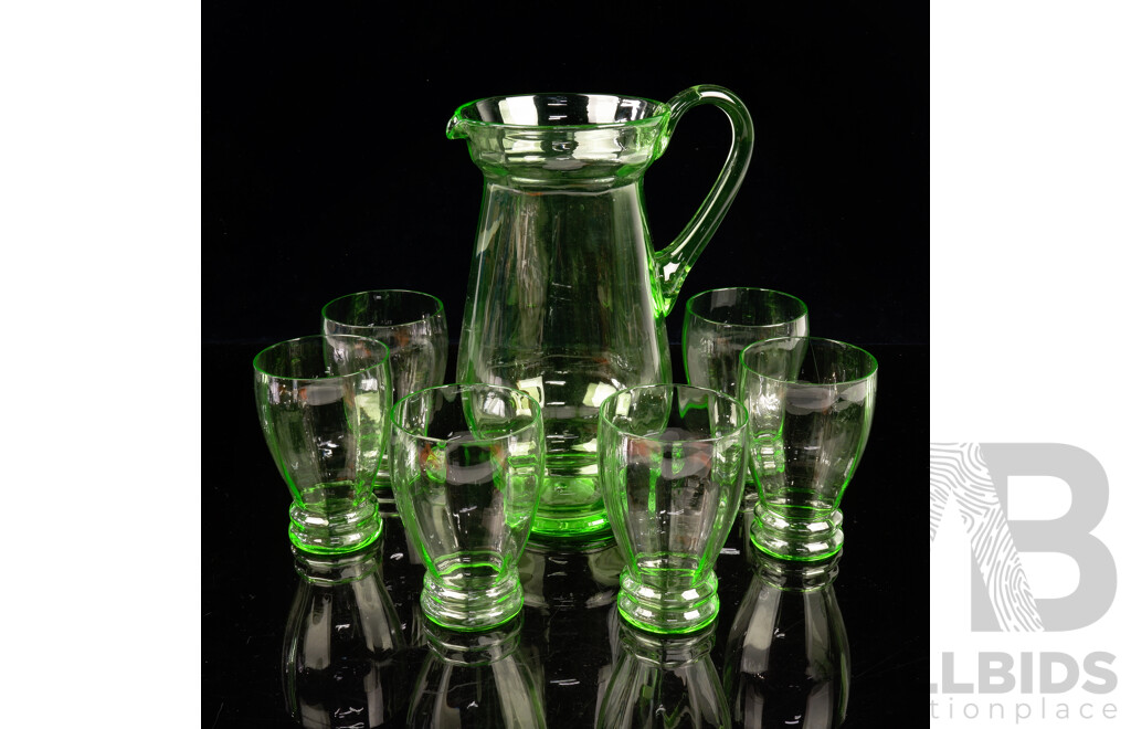 Vintage Green Uranium Glass Lemonade Pitcher with Six Matching Tumblers