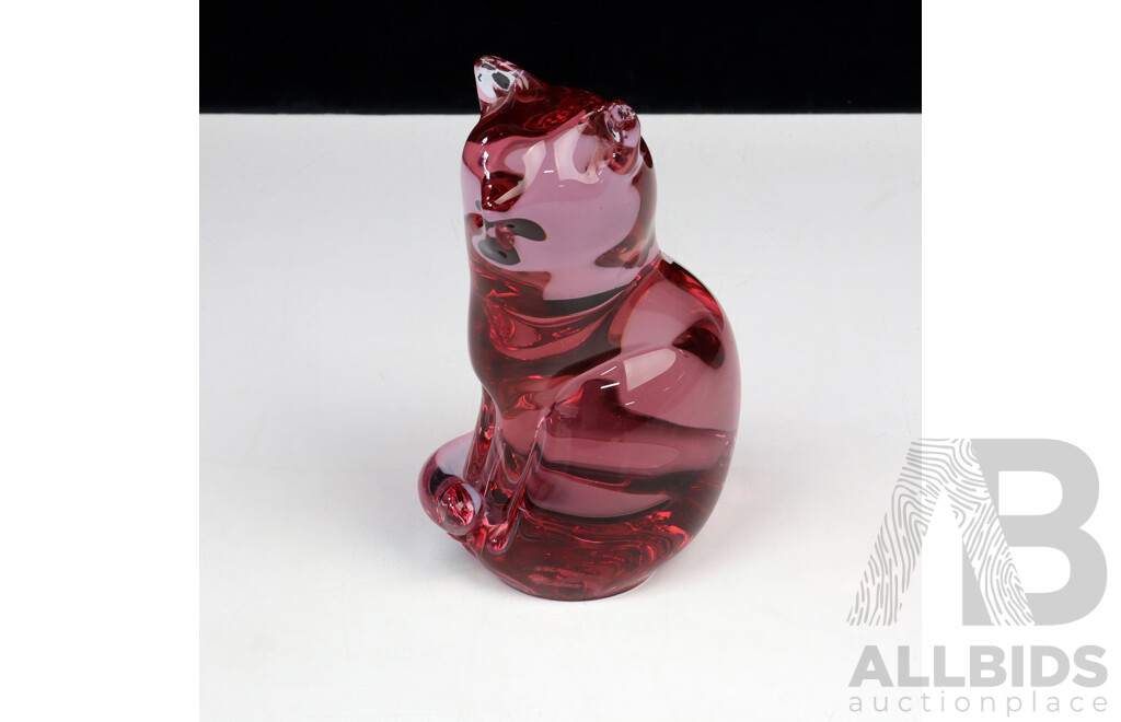 Vintage Wedgwood Glass Ruby Glass Cat Figure, Original Label to Base