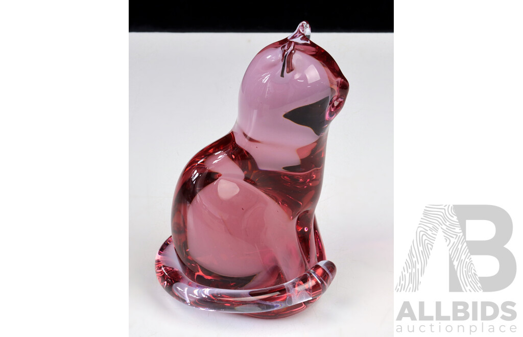 Vintage Wedgwood Glass Ruby Glass Cat Figure, Original Label to Base