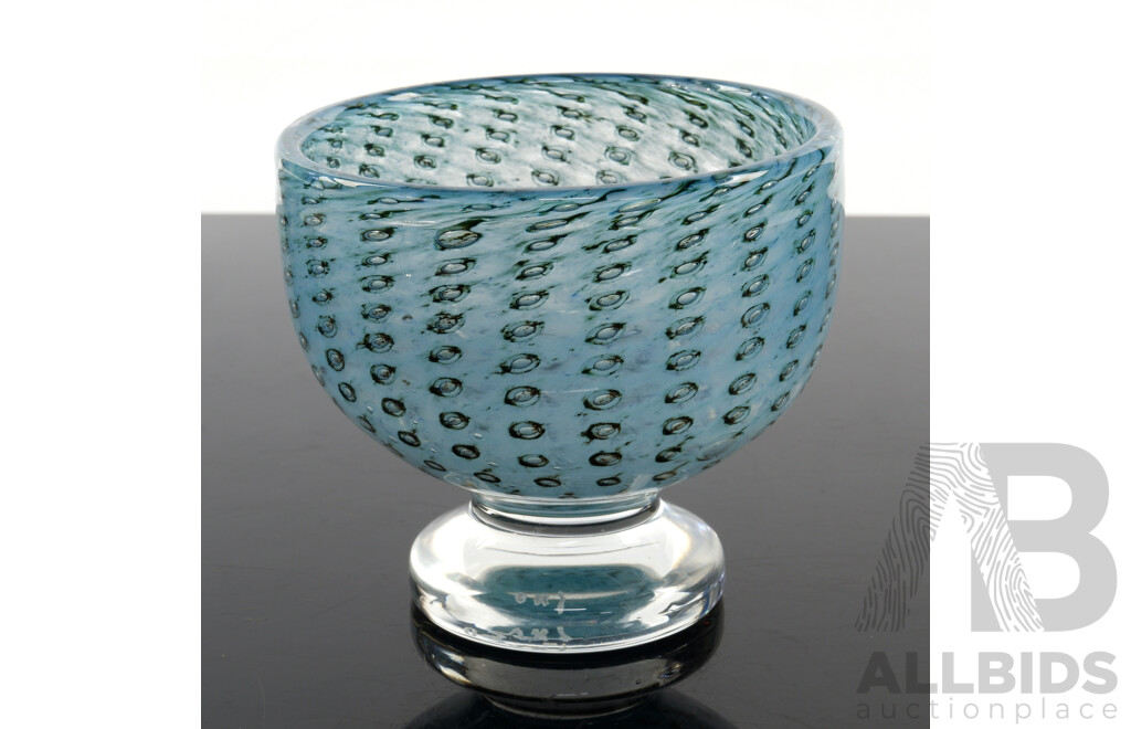 Hand Blown Kosta Boda Glass Footed Dish with Internal Controlled Bubble Pattern by Bertil Vallien