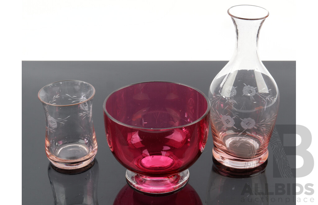 Three Pieces Vintage Ruby and Cranberry Glass Including Carafe with Etched Decoration and  More