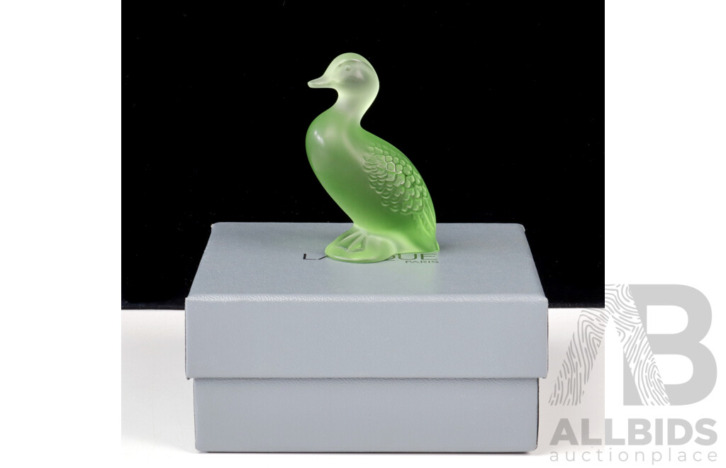 Lalique Crystal Green Glass Duck Figure in Original Box with Booklet