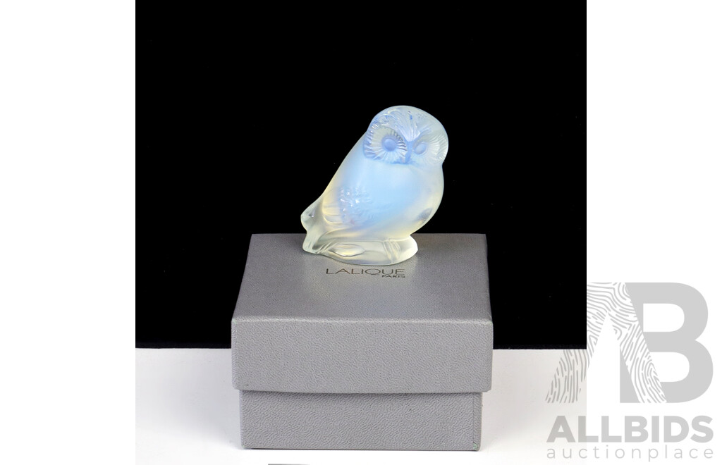 Lalique Crystal Iridescent Owl Figure in Original Box