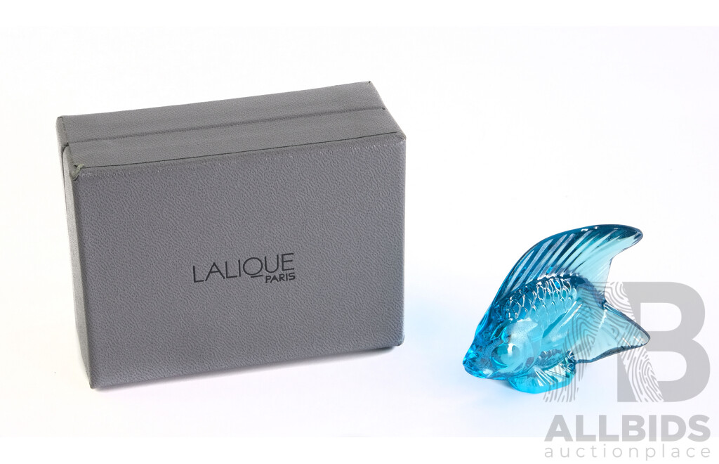 Lalique Crystal Blue Fish Angel Figure in Original Box