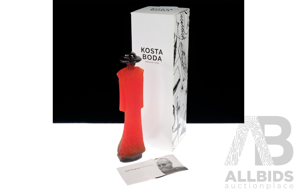 Retro Kosta Boda Catwalk Red Trenchcoat Man Designed by Kjell Engman, Signed to Base in Original Box